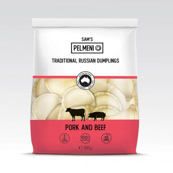 Wholesale dumplings by Sam’s Pelmeni – Pork and Beef Traditional Russian Dumplings (similar to pierogi), packaged for foodservice and retail.