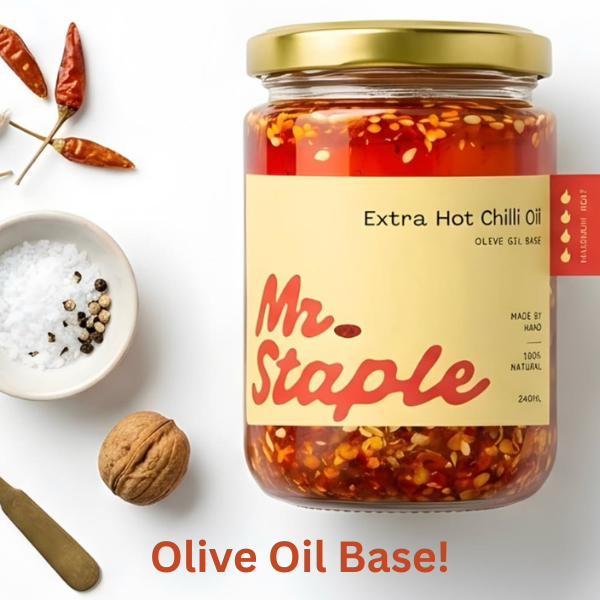 Mr Staple is a wholesale chilli oil made in Australia, offering two variants of olive oil-based chilli oils, made completely without seed oils or MSG.