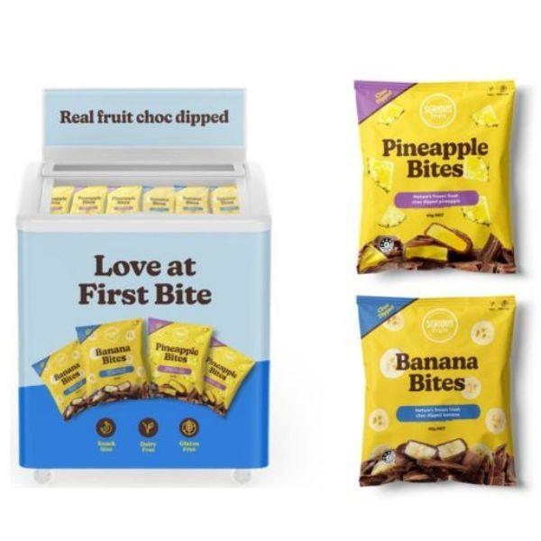 Pineapple and banana slices, frozen and choc-covered.