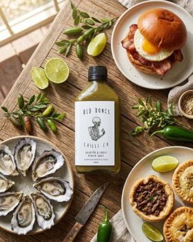Three Old Bones Chilli Co hot sauce bottles, Smoked Garlic Chilli Sauce, Jalapeño & Garlic Pepper Sa