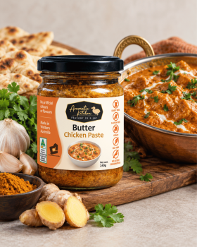Six Aromatic Kitchen curry paste jars, including Butter Chicken, Vindaloo, Green Curry, Red Curry, T
