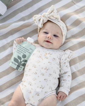 Little Harvesters baby food puree pouches with grass-fed beef, chicken, chickpea and vegetable blend