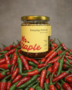 Mr Staple olive oil-based chilli oils including Everyday and Extra Hot varieties, showcasing seed oi