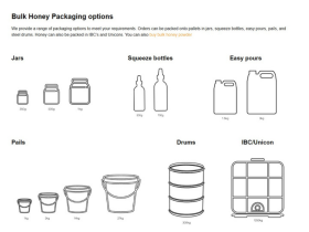 Assorted sizes of AB’s raw Australian honey in plastic tubs with yellow and white lids displayed on