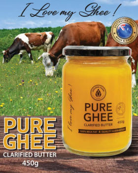 Golden Farm Australia wholesale ghee range showing retail jars and bulk foodservice tubs of Australi