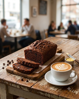 Three loaves of Milly & Ruby banana bread arranged on a marble surface with fresh bananas, a mango,