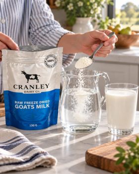 Cranley Dairy Co. raw goat milk and freeze-dried goat milk products displayed with a dairy goat in a