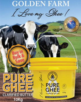 Golden Farm Australia wholesale ghee range showing retail jars and bulk foodservice tubs of Australi