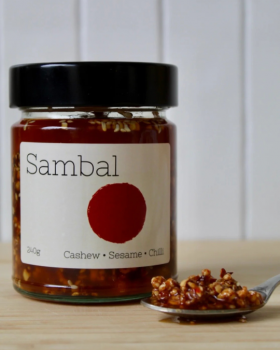 Campbell Condiments Vegan Sambal served with glazed salmon, showcasing artisan clean-label condiment
