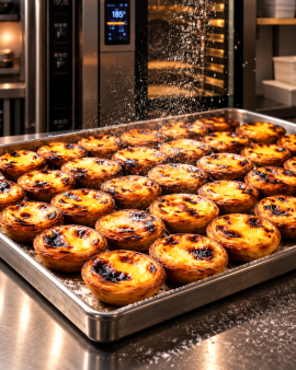 Portuguese custard tarts with golden flaky pastry and caramelised tops, served with cinnamon sticks,