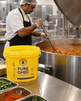 Golden Farm Australia wholesale ghee range showing retail jars and bulk foodservice tubs of Australi