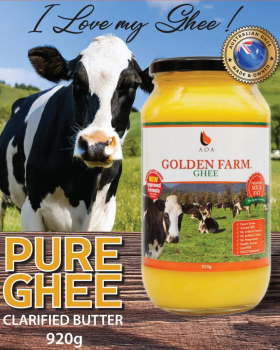 Golden Farm Australia wholesale ghee range showing retail jars and bulk foodservice tubs of Australi