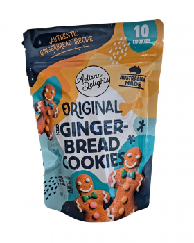 Artisan Delights logo with text reading “Iced Gingerbread Cookies” and “Custom Promotional Cookies”