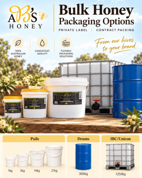 Assorted sizes of AB’s raw Australian honey in plastic tubs with yellow and white lids displayed on