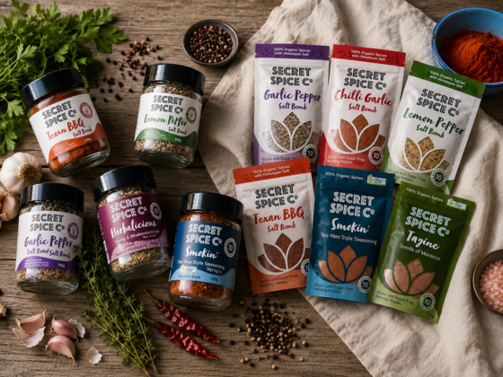 Secret Spice Co certified organic spice blends and seasonings in reusable glass jars and refill pouc