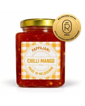 PappaJams Raspberry & Rhubarb, Chilli Mango and Spiced Pineapple and Gin Jam jars displayed with ras