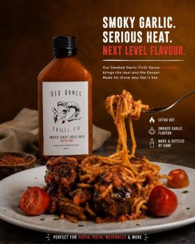 Three Old Bones Chilli Co hot sauce bottles, Smoked Garlic Chilli Sauce, Jalapeño & Garlic Pepper Sa