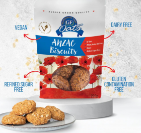 GF Oats wholesale biscuits range including ANZAC Biscuits and Chocolate Chip Biscuits in retail pack