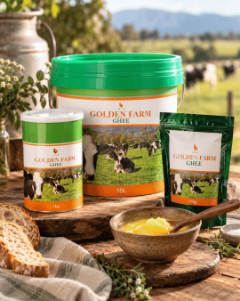 Golden Farm Australia wholesale ghee range showing retail jars and bulk foodservice tubs of Australi