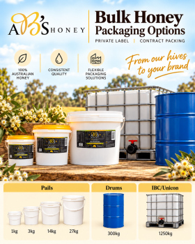 Assorted sizes of AB’s raw Australian honey in plastic tubs with yellow and white lids displayed on