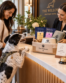 K9 Katering wholesale dog treats displayed in branded retail packs and jars at a butcher shop, with