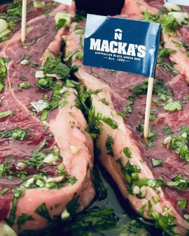 Premium Macka's Australian Black Angus Beef steak showcasing wholesale Black Angus beef with verifie