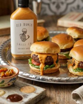 Three Old Bones Chilli Co hot sauce bottles, Smoked Garlic Chilli Sauce, Jalapeño & Garlic Pepper Sa