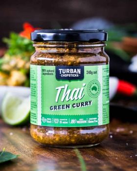 Turban Chopsticks Australian-made curry pastes and sauces displayed in glass jars, including Thai Gr