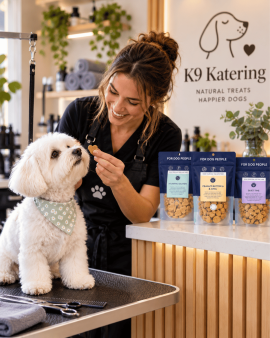 K9 Katering wholesale dog treats displayed in branded retail packs and jars at a butcher shop, with