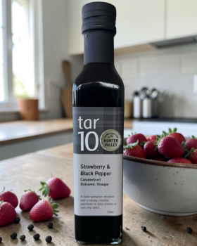 tar10 caramelised balsamic vinegar being drizzled over cheese and bread on a charcuterie board