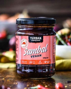 Turban Chopsticks Australian-made curry pastes and sauces displayed in glass jars, including Thai Gr