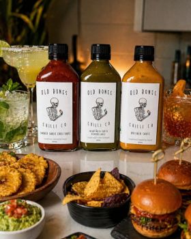 Three Old Bones Chilli Co hot sauce bottles, Smoked Garlic Chilli Sauce, Jalapeño & Garlic Pepper Sa