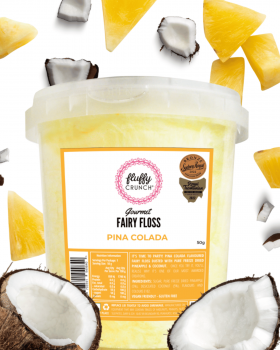 Fluffy Crunch gourmet fairy floss branding over pink and white fairy floss background