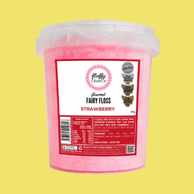 Fluffy Crunch gourmet fairy floss branding over pink and white fairy floss background