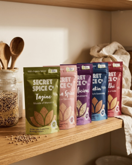 Secret Spice Co certified organic spice blends and seasonings in reusable glass jars and refill pouc