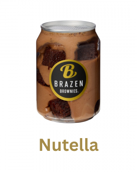 Brazen Brownies Brownie-Misu layered dessert in jar with chocolate brownie pieces and coffee cream,