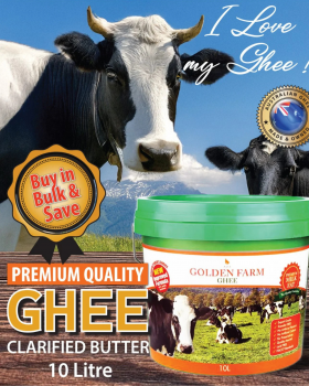 Golden Farm Australia wholesale ghee range showing retail jars and bulk foodservice tubs of Australi