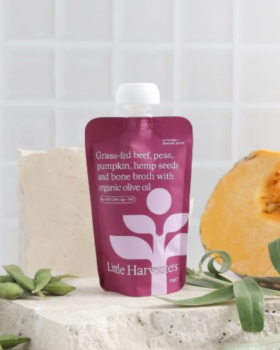 Little Harvesters baby food puree pouches with grass-fed beef, chicken, chickpea and vegetable blend