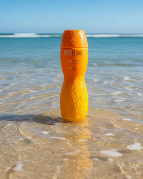 Myrlemon Australian botanical spirit bottle with lemon myrtle and citrus, displayed by the beach sho