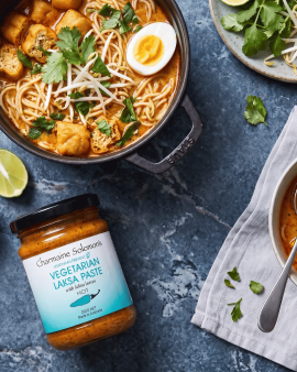 Charmaine Solomon curry pastes, marinades and spice blends displayed in a retail store, with distrib