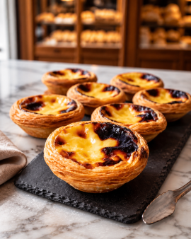 Portuguese custard tarts with golden flaky pastry and caramelised tops, served with cinnamon sticks,