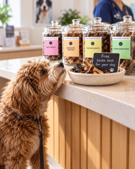 K9 Katering wholesale dog treats displayed in branded retail packs and jars at a butcher shop, with