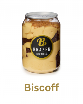 Brazen Brownies Brownie-Misu layered dessert in jar with chocolate brownie pieces and coffee cream,