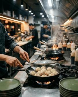 Plate of ABC Pastry Shanghai-style frozen dumplings served with dipping sauce, showcasing authentic