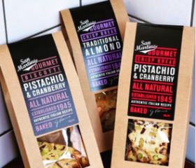 Assorted Continental Tarallini savoury crackers in various flavours arranged on a white table with a