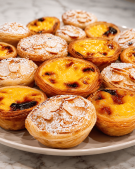 Portuguese custard tarts with golden flaky pastry and caramelised tops, served with cinnamon sticks,