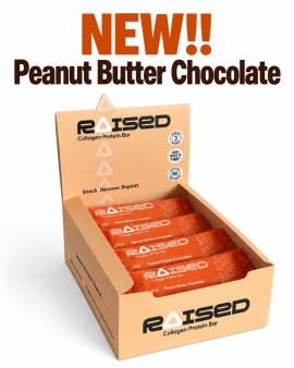 Raised collagen protein bars in Salted Caramel, Chocolate Almond and Açaí flavours on wooden table