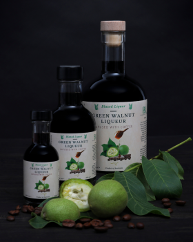 Blazed Liquor small-batch cherry and green walnut liqueurs in 50ml, 200ml and 500ml bottles displaye