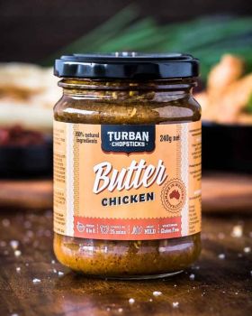 Turban Chopsticks Australian-made curry pastes and sauces displayed in glass jars, including Thai Gr