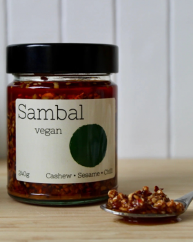 Campbell Condiments Vegan Sambal served with glazed salmon, showcasing artisan clean-label condiment